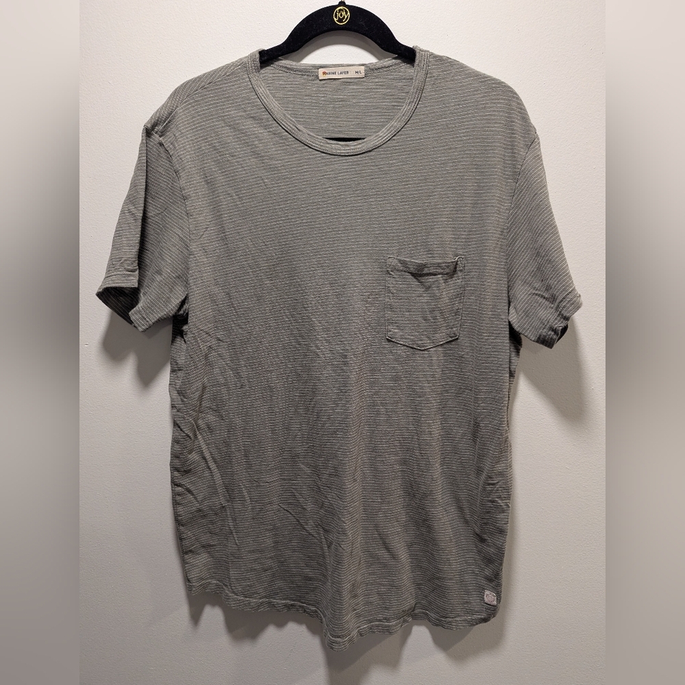 Marine Layer Men’s Short Sleeve Pocket T-Shirt Grayish Green & White Stripe M/L